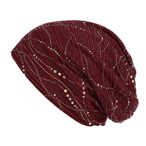 Strass Steine Nieten Jersey Baumwolle elastisches Long Slouch Beanie Damen Mütze Chemo Mütze Sommer (Wine Red, One Size) von Generic