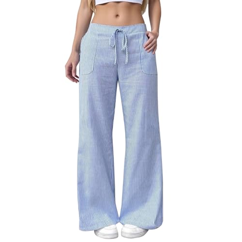 Streifen Hose Damen, Wide Leg Hosen Damen Straight Leg Weite Sommerhose Lockere Leichte Schlabberhose Gestreifte Freizeithose mit Kordelzug Damenhosen Casual Pants Trousers for Women von Generic