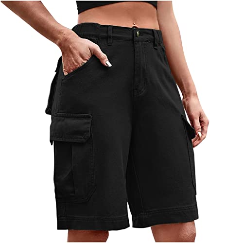 Stretch Damen Bermuda Shorts High Waist Leichte Cargo Shorts Wanderhose Kurz Zip Off mit Reißverschlusstaschen für Golf Wandern Sommer Outdoor Sport (Schwarz, XXL) von Generic