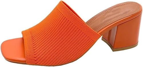 Strick Absatz Sandalen Für Frauen Quadrat Chunky Low Block Absatz Mules Open Toe Slip On Atmungsaktive Sandale(Orange,40) von Generic
