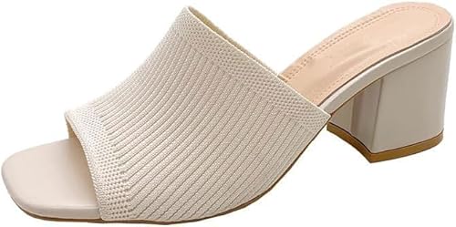 Strick Absatz Sandalen Für Frauen Quadrat Chunky Low Block Absatz Mules Open Toe Slip On Atmungsaktive Sandale(White,41) von Generic