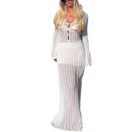 Strick Cover Up Maxikleid Langarm V Ausschnitt Schlüsselloch Front Hollow Out Häkelstrick Langes Kleid Sommer Strand Urlaub Kleid (White, M) von Generic