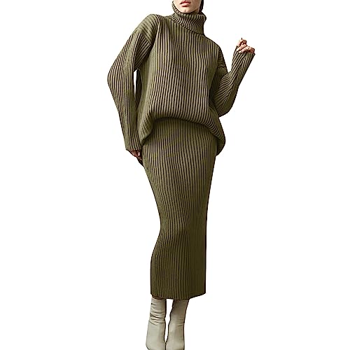 Strick Set Damen Zweiteiler: Festlicher 2 Teiler Rock Und Oberteil Elegant Femme Ensemble Rollkragen Einfarbige Freizeitanzug Langarm Gerippt Party Outfit Slimfit Midirock Strickpullover Kombiset von Generic
