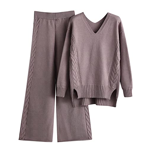 Strick Zweiteiler Damen Outfit Pullover Strickpullover Stehkragen und Gestrickte Hose Strickanzug Hausanzug Elegant 2er Set Rollkragenpullover Weite Bein Strickhose Lounge Homewear von Generic