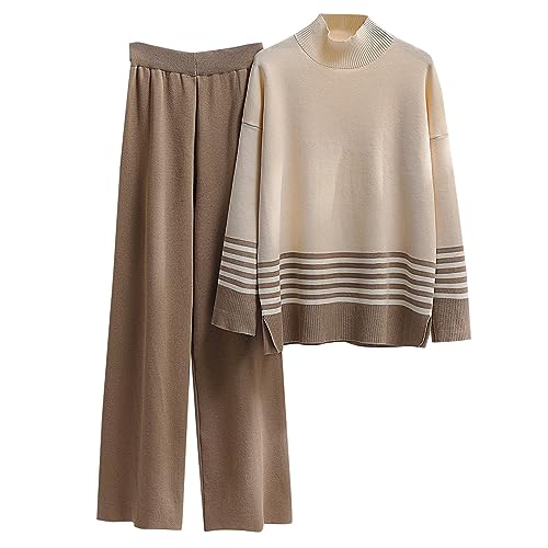 Strickanzug Damen Set, Zweiteiliger Freizeitanzug Farbblock Rundhals Strick Pullover Top Und Lang Hosen Elegant Outfits Winter Loungewear Jogginganzug von Generic