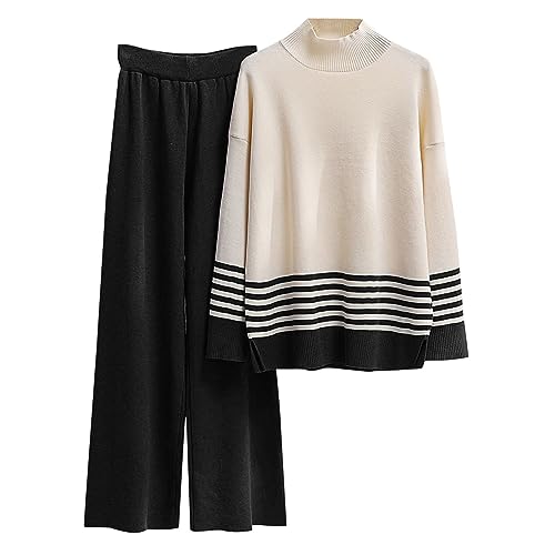 Strickanzug Damen Set, Damen Strickpullover Zweiteiliger Anzug Freizeitanzug Farbblock Rundhals Strick Pullover Top und Lang Hosen Elegant Outfits 2 Stück Set Winter Loungewear Set Jogginganzug von Generic