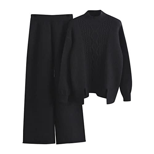 Strickanzug Damen Set, Damen Strickpullover Zweiteiliger Anzug Freizeitanzug Rundhals Strick Pullover Oberteil und Lang Hosen Elegant Outfits 2 Stück Set Winter Loungewear Set Jogginganzug von Generic