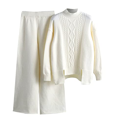 Strickanzug Damen, Zweiteiliger Freizeitanzug - Rundhals Strickpullover Oberteil und Lang Hosen, Elegant Outfits Set, Winter Loungewear, Jogginganzug von Generic