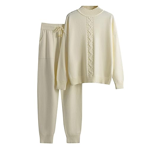 Strickanzug Damen Set, Damen Strickpullover Zweiteiliger Anzug Freizeitanzug Rundhals Strick Pullover Oberteil und Lang Hosen Elegant Outfits 2 Stück Set Winter Herbst Loungewear Set Jogginganzug von Generic