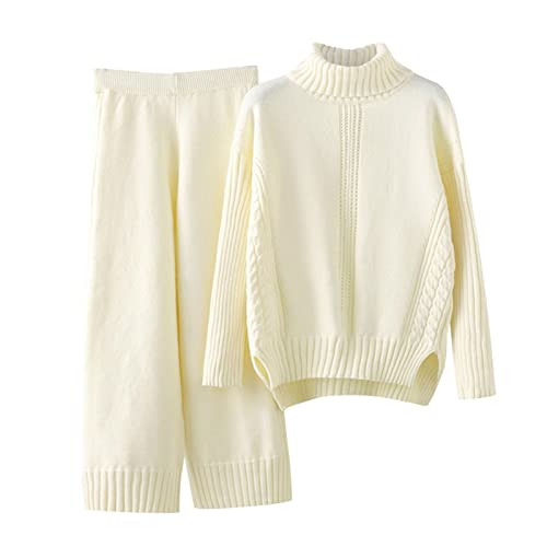 Strickanzug Damen Set, Damen Strickpullover Zweiteiliger Anzug Freizeitanzug Rundhals Strick Pullover Oberteil und Lang Hosen Elegant Outfits 2 Stück Set Winter Loungewear Set Jogginganzug von Generic