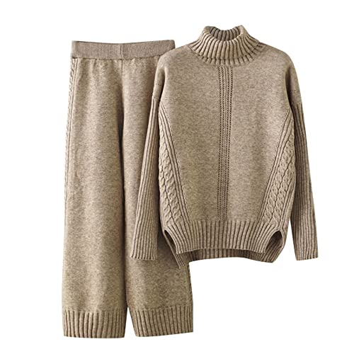 Strickanzug Damen Set, Damen Strickpullover Zweiteiliger Anzug Freizeitanzug Rundhals Strick Pullover Oberteil und Lang Hosen Elegant Outfits 2 Stück Set Winter Loungewear Set Jogginganzug von Generic