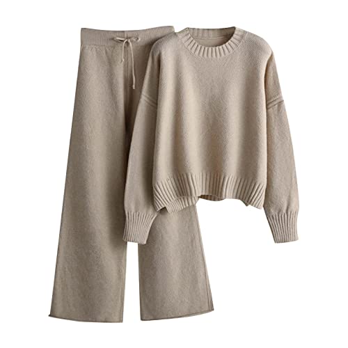 Strickanzug Damen Set, Damen Strickpullover Zweiteiliger Anzug Freizeitanzug Rundhals Strick Pullover Oberteil und Lang Hosen Elegant Outfits 2 Stück Set Winter Loungewear Set Jogginganzug von Generic