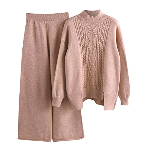 Strickanzug Damen Set, Damen Strickpullover Zweiteiliger Anzug Freizeitanzug Rundhals Strick Pullover Oberteil und Lang Hosen Elegant Outfits 2 Stück Set Winter Loungewear Set Jogginganzug von Generic