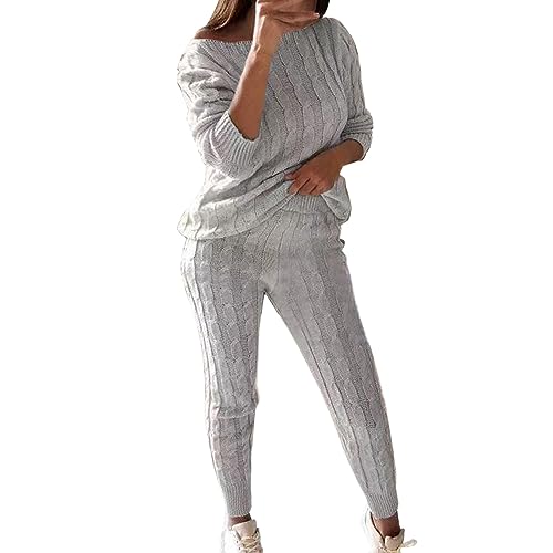 Strickanzug Damen Set Winter Große Größen - Sportanzug Set Locker Strickpullover & Elastische Waist Hose Oversized Hosenanzug Casual Schlafanzug Warm Top Leggings Einfarbig Freizeitanzug S-4Xl von Generic