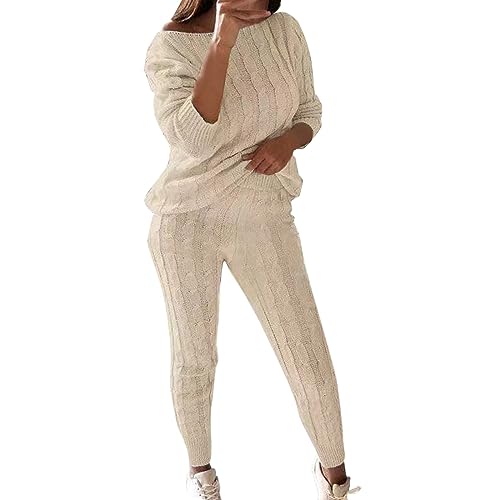 Strickanzug Damen Set Winter Große Größen - Sportanzug Set Locker Strickpullover & Elastische Waist Hose Oversized Hosenanzug Casual Schlafanzug Warm Top Leggings Einfarbig Freizeitanzug S-4Xl von Generic