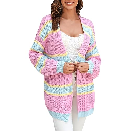 Strickjacke Damen, Damen Cardigan Herbst Winter Warm Bequem Pullover Casual Strickjacke Strickpullover Frauen Regenbogen Gestreift Getäfelter Dicker Strickpullover Open Front Lang Cardigan von Generic