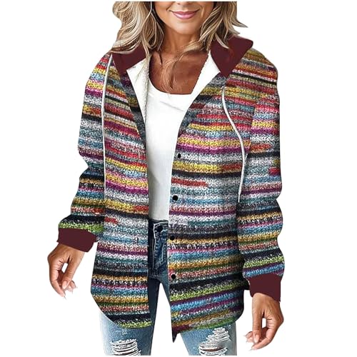 Strickjacke Damen Bunt Modische Regenbogen Cardigan Knöpfe Strickcardigan mit Kapuze Warm Winterjacke Bequeme Hoodie Jacke Outdoor Strickpullover Teenager Mädchen Übergangsjacke Strickmantel von Generic