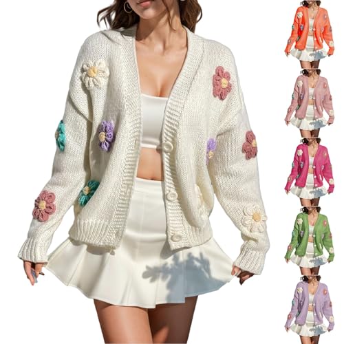 Strickjacke Damen Elegante Langarm Strick Cropped Pullover mit Blumen Strickpullover Y2k Sweater Dünne Jacke Pulli Knopfleiste Cardigan V-Ausschnitt Puffärmel Lockere Strickjacken von Generic