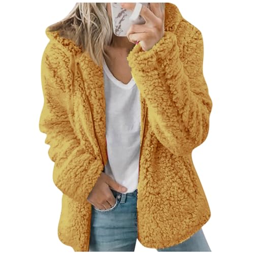 Strickjacke Damen Kapuzenjacke Winter Fleece Pullover Teddy Herbst Wolljacke mit Kapuze Wärmer Sweatshirt Basic Festliche Steppjacke Große Größen Langarm Zipper Kleidung Women's Mantel gelb M von Generic