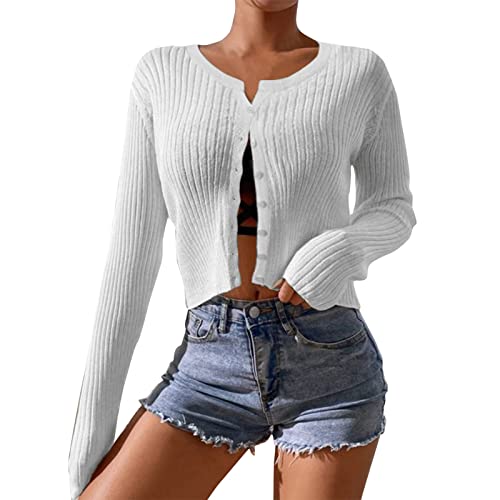 Strickjacke Damen Kurz Open Front Grobstrick Strick Cardigan Herbst Winter Langarm Pullover Tops Slim Fit Streifen Mantel Jacke Mode Casual Sweater Cropped Oberteil mit Knopf von Generic