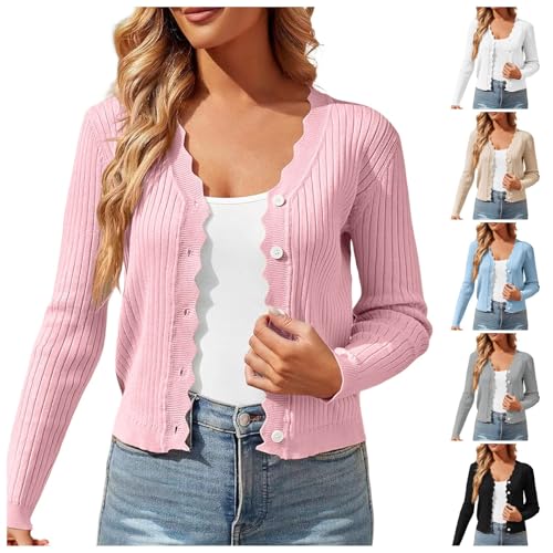 Strickjacke Damen Kurz Trachtenjacke Mit Knöpfen V Ausschnitt Leichte Cardigan Sommer Dünne Übergangsjacke Strickjacke Damen Langarm Strickpullover mit Knöpfen und V-Ausschnitt (001 Rosa, L) von Generic