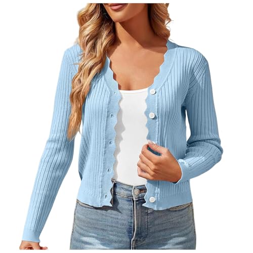 Strickjacke Damen Kurz Trachtenjacke Mit Knöpfen V Ausschnitt Leichte Cardigan Sommer Dünne Übergangsjacke Strickjacke Damen Langarm Strickpullover mit Knöpfen und V-Ausschnitt (01 Hellblau, L) von Generic