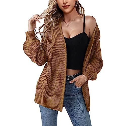 Strickjacke Damen Lang Elegante Casual Cardigan Damen Strickpullover Strickmantel Winter Outwear mit Taschen und Langarm Maxi Lang Colorblock Cardigan Sweater(C Kaffee,S) von Generic