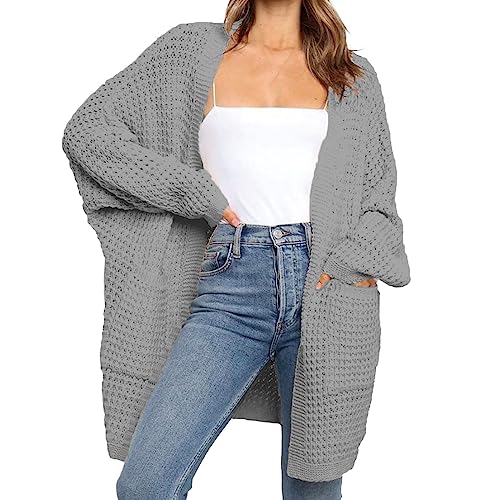 Strickjacke Damen Lang Elegante Casual Cardigan Damen Strickpullover Strickmantel Winter Outwear mit Taschen und Langarm Maxi Lang Colorblock Cardigan Sweater(E Grau,S) von Generic