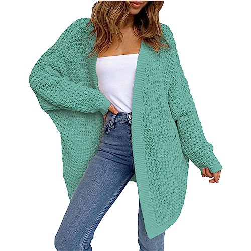 Strickjacke Damen Lang Elegante Casual Cardigan Damen Strickpullover Strickmantel Winter Outwear mit Taschen und Langarm Maxi Lang Colorblock Cardigan Sweater(E Grün,XXL) von Generic