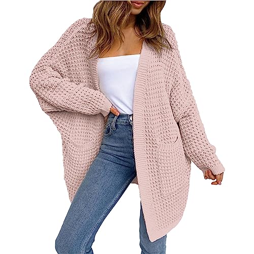 Strickjacke Damen Lang Elegante Casual Cardigan Damen Strickpullover Strickmantel Winter Outwear mit Taschen und Langarm Maxi Lang Colorblock Cardigan Sweater(E Rosa,XXL) von Generic