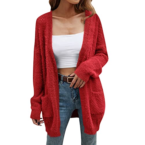 Strickjacke Damen Lang Offener Vorderseite Flauschig Strickmantel Mit Taschen Einfarbiges Elegant Cardigan Kuschel Grobstrickjacke Trachten Strickjacke Mode Strickjacken von Generic