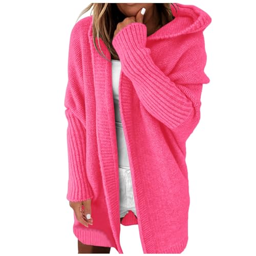 Strickjacke Damen Lang Open Front Cardigan Langarm Damen-Strickjacke, einfarbig, mit Kapuze, Patchwork, Fledermausärmel, offener Pullover (Hot Pink, L) von Generic