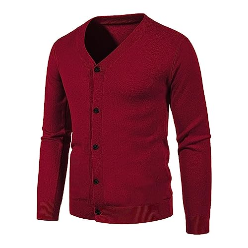 Strickjacke Herren Pullover V Ausschnitt Cardigan Winterjacke Klassischer Winter Warme Weiche Strickjacken Herren Dünn mit Knöpfe und Taschen für Männer (new1-Red, L) von Generic