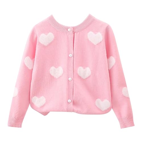 Strickjacke Kleinkind Herz Druck Rundhals Jacke Cardigan Knitted Übergangsjacke Süße Strickjacke Langarm Pullover mit Knöpfen Weiche Jacke (Pink, 2-3 Years) von Generic