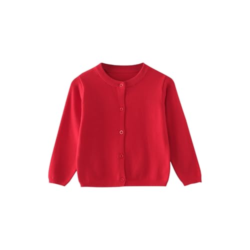 Strickjacke Mädchen Junge Langarm mit Knöpfen Pullover Cardigan Leichter Basic Fleece Strickpullover Einfarbige Rundhals Schuluniform Warme Gestrickte Jacke (Red, 3-4 Years) von Generic