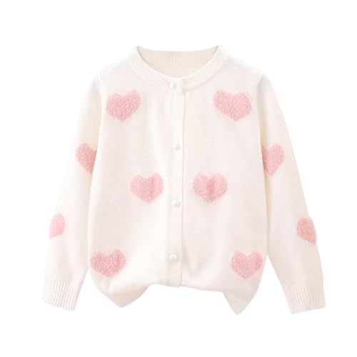Strickjacke Mädchen Lange Ärmel Cardigan Süße Herzdruck Langarmshirt Winter Winddicht Mantel Jacke Kinder Warm Knöpfen Oberbekleidung Pullover Baumwollstrickpullover Schuluniform (White, 3-4 Years) von Generic