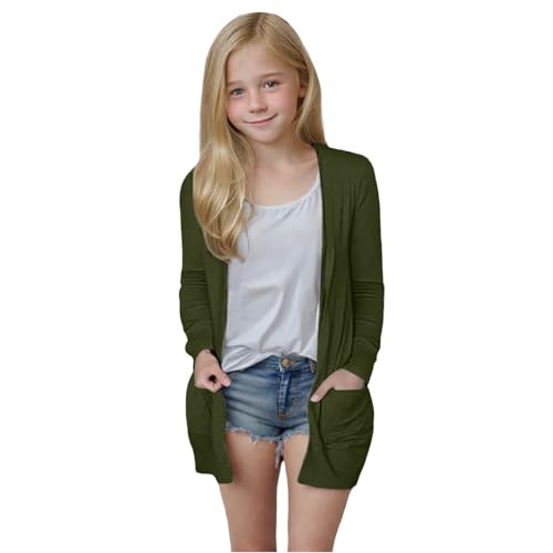 Strickjacke Mädchen Leichte Atmungsaktiv übergangsjacke Kinder Lang Cardigan Einfarbige Mode Jacke Langarm Dünn Strickjacke Outdoor Softshelljacke (1-Blackish Green, 11-12 Years) von Generic