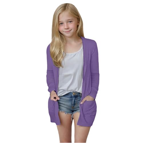 Strickjacke Mädchen Leichte Atmungsaktiv übergangsjacke Kinder Lang Cardigan Einfarbige Mode Jacke Langarm Dünn Strickjacke Outdoor Softshelljacke (1-Dark Purple, 7-8 Years) von Generic