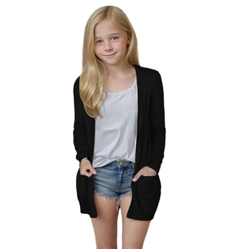 Strickjacke Mädchen Leichte Atmungsaktiv übergangsjacke Kinder Lang Cardigan Einfarbige Mode Jacke Langarm Dünn Strickjacke Outdoor Softshelljacke (2-Black, 11-12 Years) von Generic