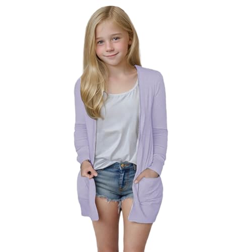 Strickjacke Mädchen Leichte Atmungsaktiv übergangsjacke Kinder Lang Cardigan Einfarbige Mode Jacke Langarm Dünn Strickjacke Outdoor Softshelljacke (2-Purple, 11-12 Years) von Generic