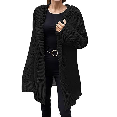 Strickjacke mit Kapuze für Damen Streifen Open Front Cardigan Schwarz Lang Strickjacke Herbst Winter Frühling Strickpullover Langarm Sweater Dünn Jacke Casual Gestrickt Strickmantel (Black, XXL) von Generic