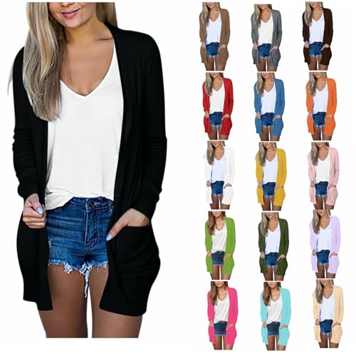 Strickjacken für Damen Sommer Leichte Strickjacke Lang mit Taschen Sommerjacke Damen Elegant Lang Strick-Cardigan Langarm Strickjacke Einfarbig Schmale Passform Cardigan Große Größen Strickjacke von Generic