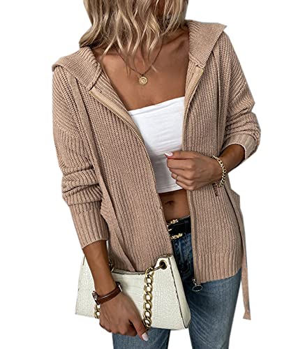 Strickjacken mit Kapuze für Damen Reißverschluss Langarm Einfarbig Gestrickte Cardigan Mäntel Mit Taschen von Generic