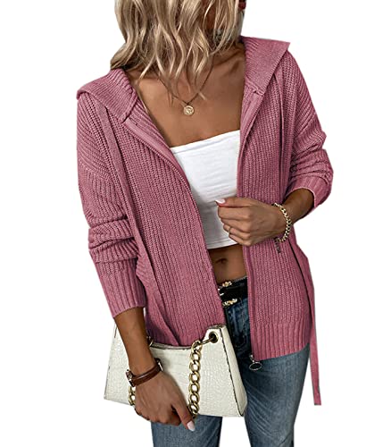 Strickjacken mit Kapuze für Damen Reißverschluss Langarm Einfarbig Gestrickte Cardigan Mäntel Mit Taschen von Generic