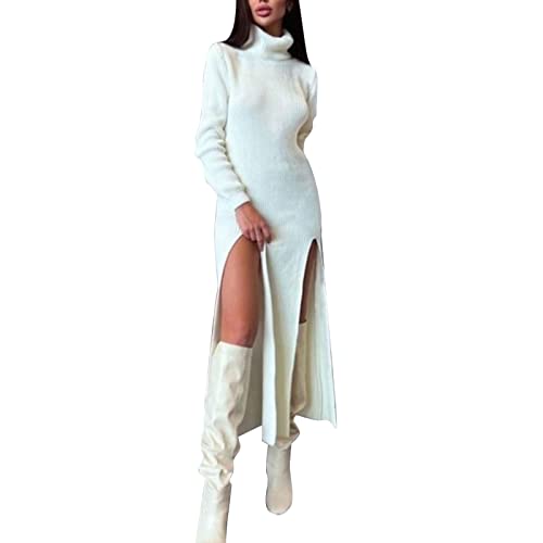 Strickkleid Damen, Strickkleid Damen Lang Rollkragen Pullover Kleid mit Schlitz Elegant Langarm Rollkragenpullover Midikleid Gestrickt Pulloverkleid Winter Lässig Pulli Winterkleid von Generic