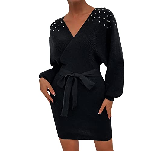 Strickkleid Damen, Strickkleid Damen Perle V Ausschnitt Pullover Kleid Elegant Langarm Bodycon Kurz Kleid mit Schleife Slim Fit Pulloverkleid Minikleid Winter Pulli Kleid Wickelkleid von Generic
