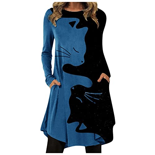 Strickkleid Damen Geschenke Für Frauen, Satinkleid Kleider Für Mollige Frauen Mit Bauch Blusenkleid Hosenrock Kleid Schwangerschaft Kleider Herbst Kleid Umstandsmode (Blau-1, L) von Generic