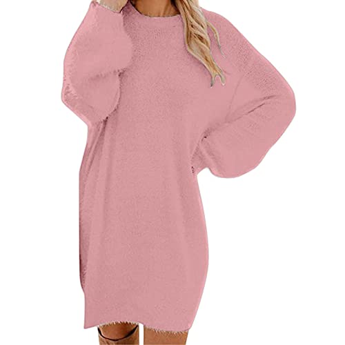 Strickkleid Damen Herbst Winter Pulloverkleid Langarm Rollkragen Knielang Midi Kleider Oversize Pullikleid Casual Warme Winterkleid Strick Freizeit Minikleid Rosa 01 L von Generic