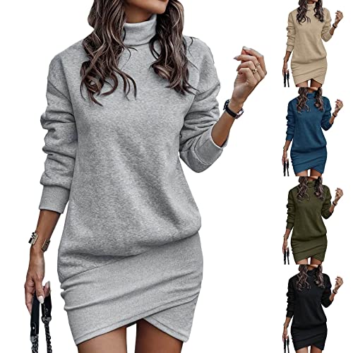 Strickkleid Damen Kleider Lang Rollkragen Pulloverkleid Sweatkleid Langarm Sweatshirt Pullikleid Herbst Winter,S-XL (001 Grau, M) von Generic