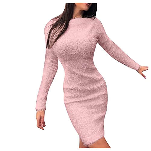 Strickkleid Damen Sexy Rundhals Plüschkleid Pullover Kleid Langarm Pulloverkleider Winter Warm Kleider Dress Einfarbig Slim Fit Partykleid Schmaler Rock Kleid von Generic